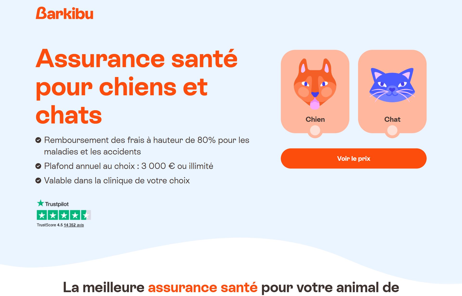 Page d’accueil du site officiel Barkibu, assurance santé pour animaux