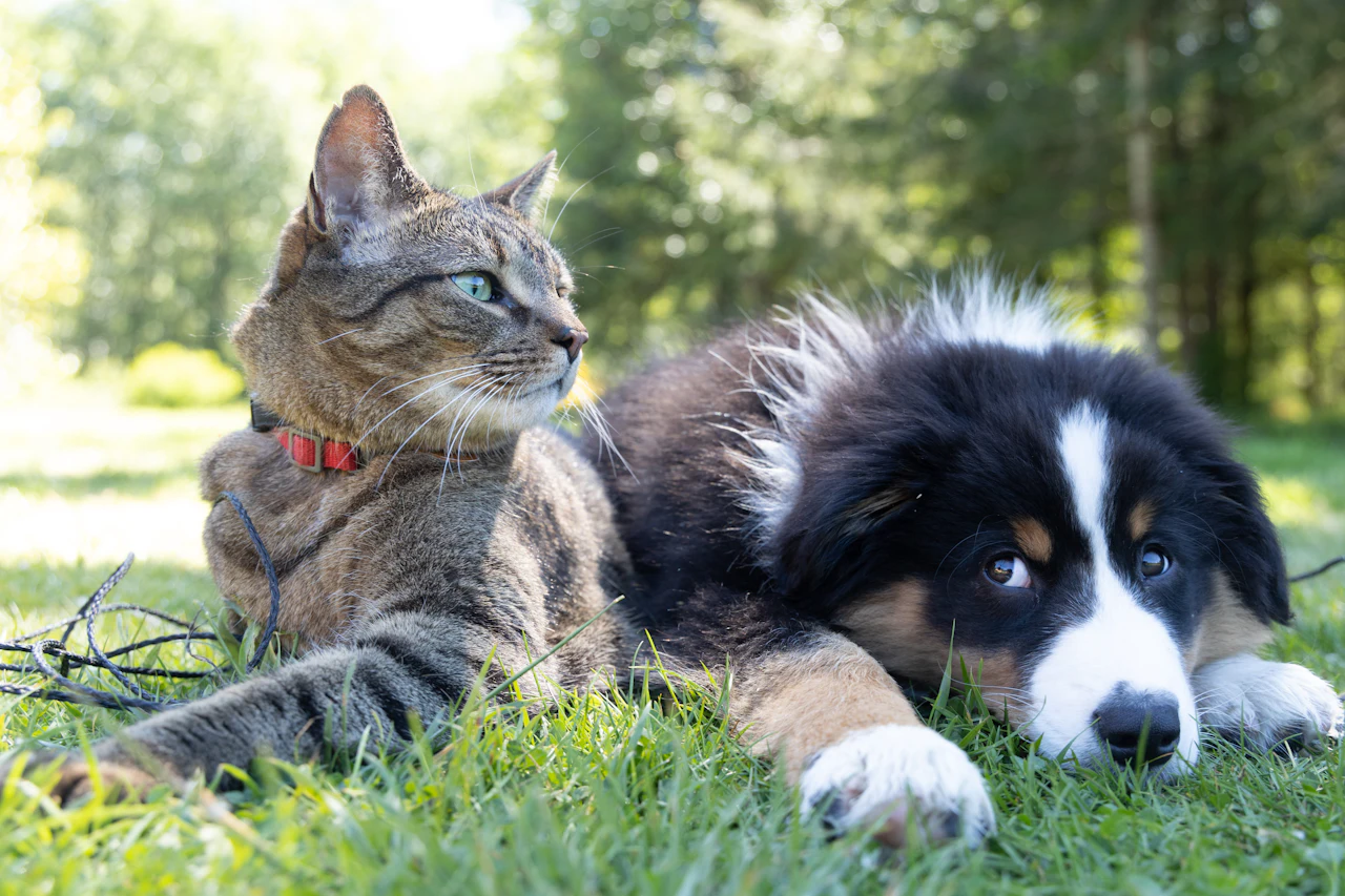 Un chien et un chat allongés ensemble dans l'herbe en été