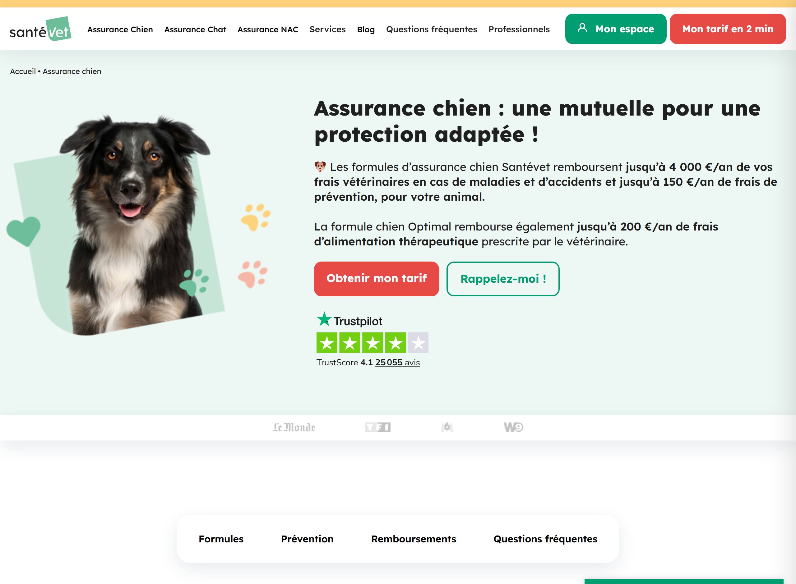 Page d'accueil de l'assurance chien SantéVet : formules et remboursement jusqu'à 4000 €