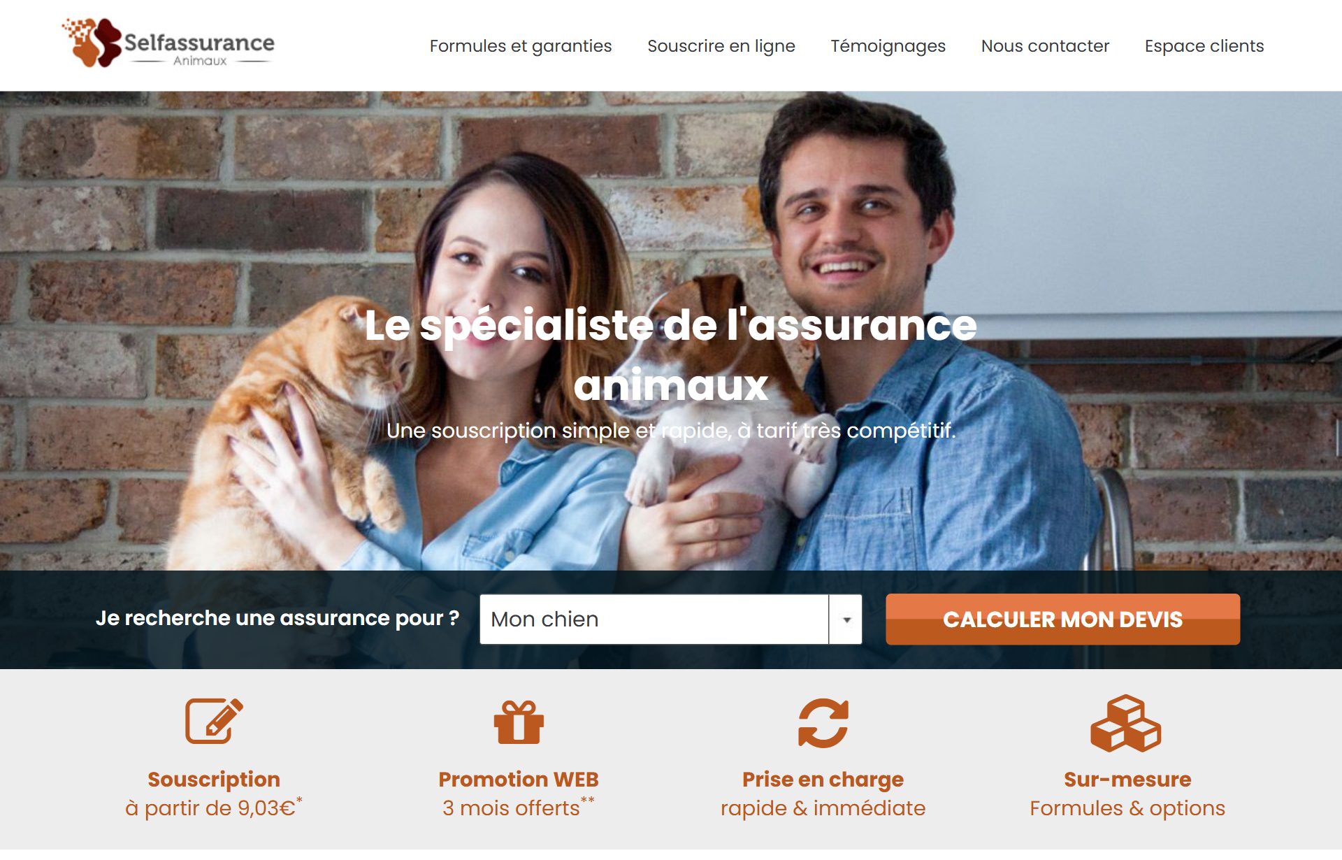 Page d’accueil du site officiel Selfassurance, assurance santé pour animaux