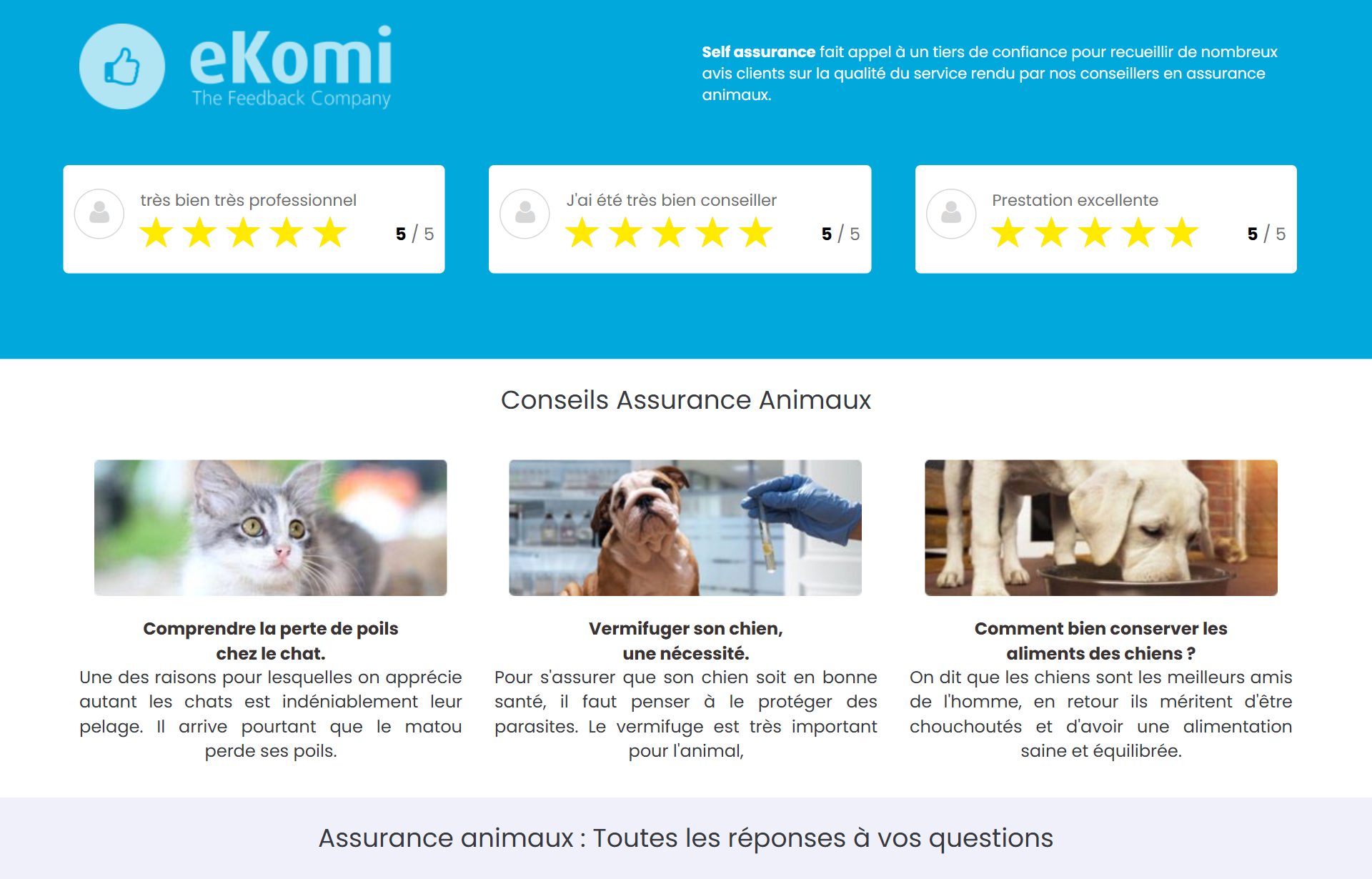 Garanties et offre d’assurance animaux présentées sur le site Selfassurance