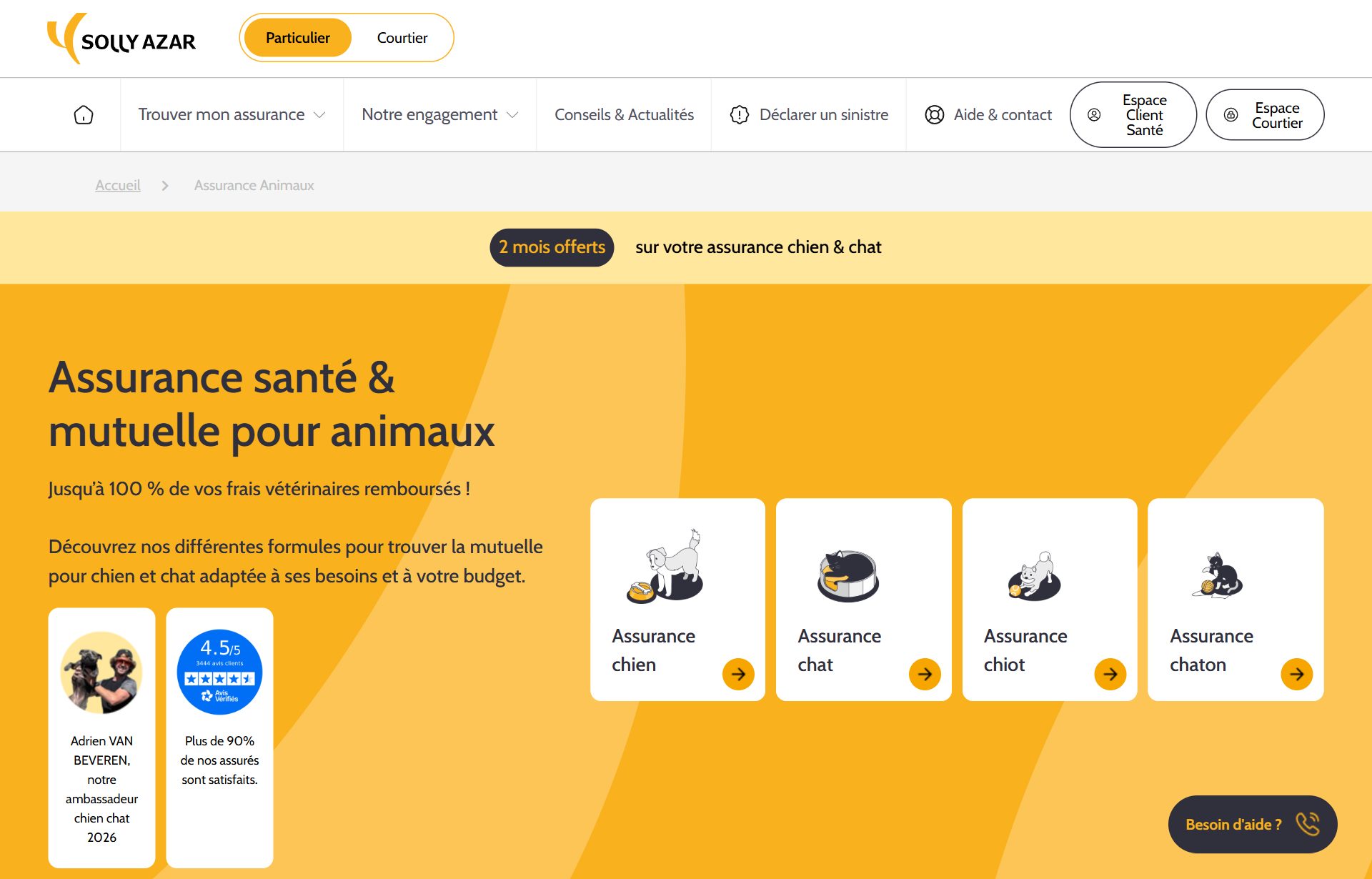 Page d’accueil du site officiel Solly Azar, assurance santé pour animaux